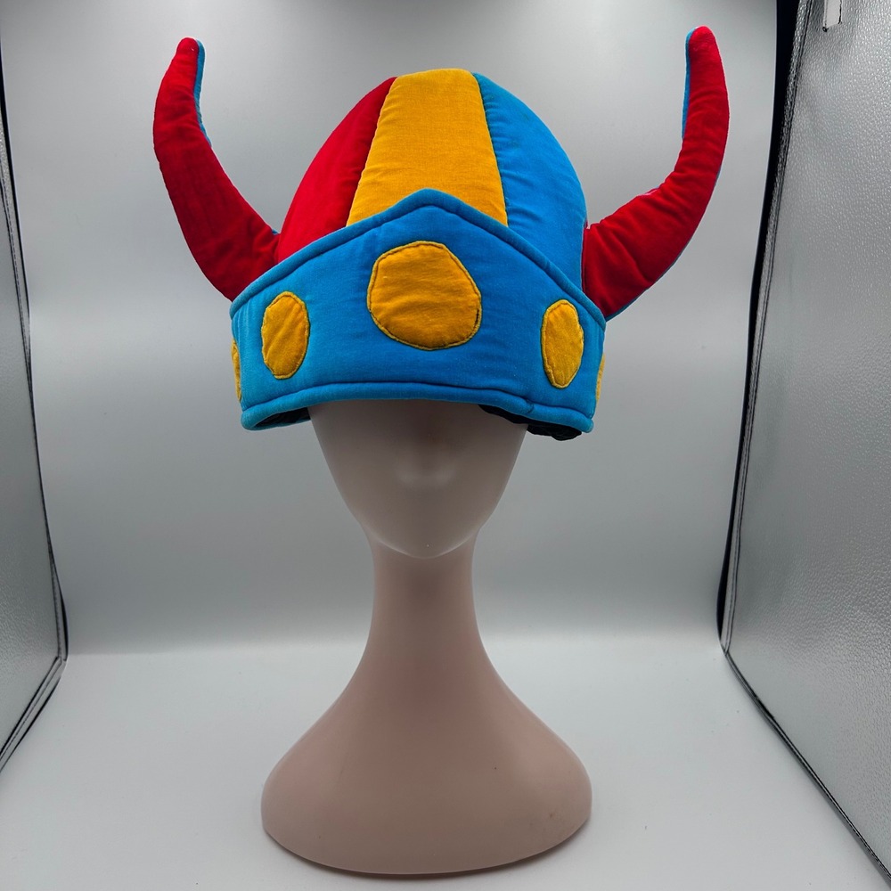 Plush Viking Helmet Hat Novelty Costume Blue Red Yellow Horned Padded Headwear